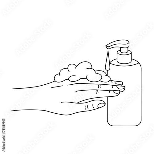 Line Art Illustration of Hand Washing with Soap and Hand Sanitizer for Hygiene and Sanitization Themes