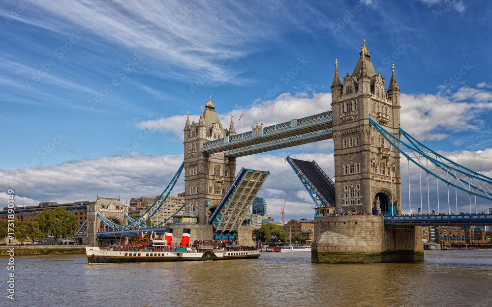 Obraz premium Paddle Steamer Waverley steaming through Tower Bridge London England UK