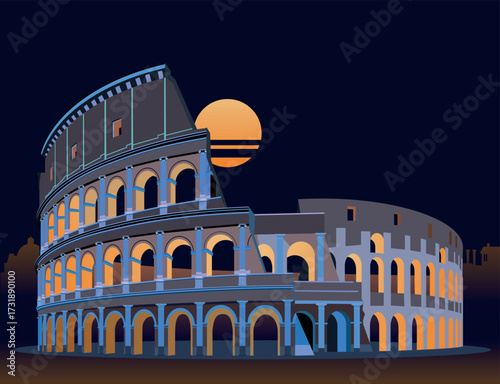 Italy, Colosseum at night with moonlight. Vector.