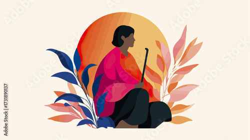 Woman sitting among colorful leaves