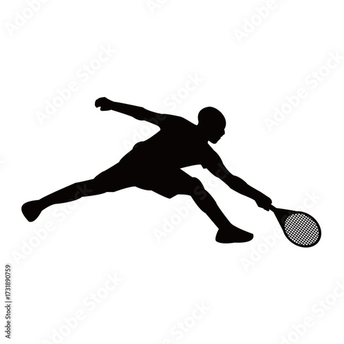 Black vector illustration of a tennis player silhouette in action during a sports competition