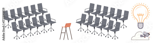 Multiple grey conference chairs surround a single orange chair, symbolizing uniqueness. A lightbulb and cloud emphasize creativity, innovation, brainstorming, leadership, and individuality. Ideal