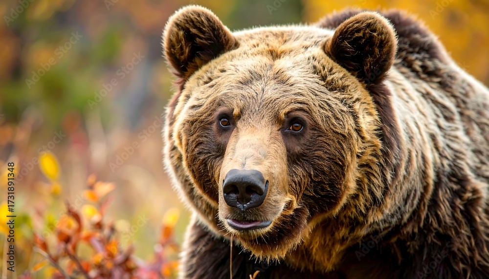 Fototapeta premium Close-up of a brown bear in autumn foliage