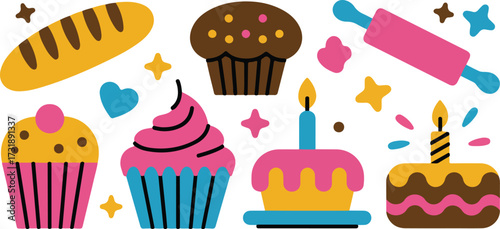 Birthday celebration with cupcakes cakes and decorations