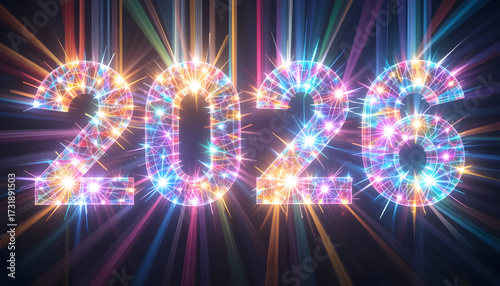 2026 Celebration Numbers with Multicolor Sparkling Lights Radiant Digits on Dark Background with Light Beams and Festive Glow