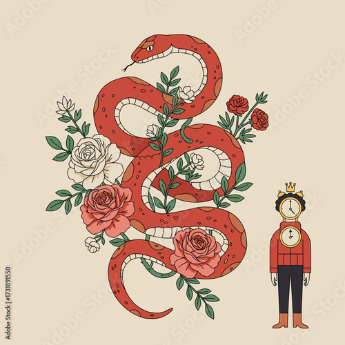 Red snake and roses with human figure clock