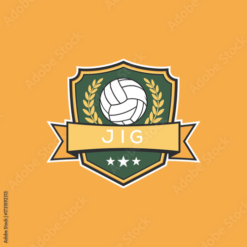 JIG Volleyball Logo Design JIG Modern Sports Shield Emblem with Ball, Laurel and Ribbon for Volleyball Club, JIG Tournament and Team Branding
