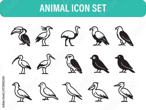 Editable Bird Animal Icon Set – Vector, Line, Silhouette