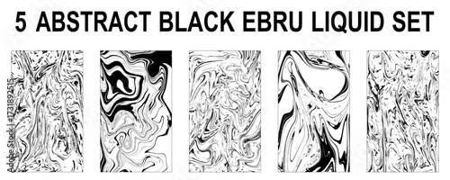 Set Ink texture of 5 traditional Turkish ebru illustration. Watercolor hand drawn artistic marbling invitation. Abstract background prints.