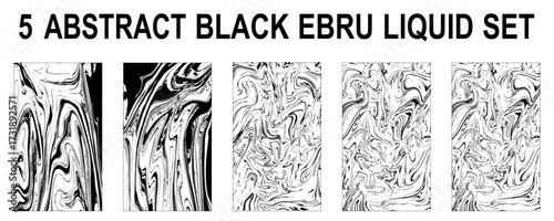 Set Ink texture of 5 traditional Turkish ebru illustration. Watercolor hand drawn artistic marbling invitation. Abstract background prints.