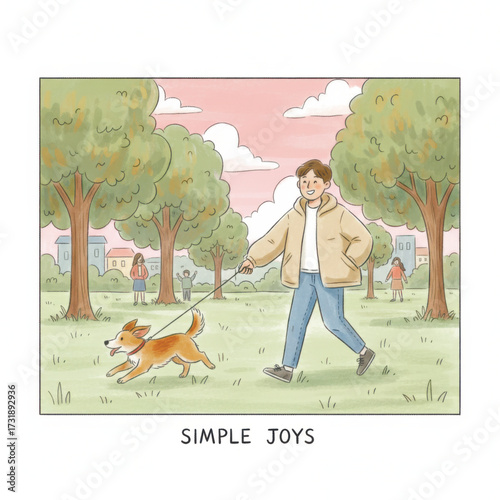 Wholesome vector-style illustration of a young man happily walking his dog in a park at sunset. The artwork shows simple joys of daily life, leisure, and outdoor relaxation. Vector illustration