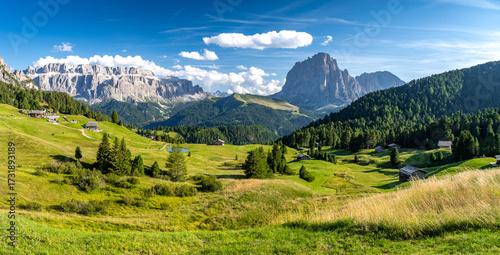 view on Sella group and Sassolungo from Seceda in Dolomites, Val Gardena, Italy