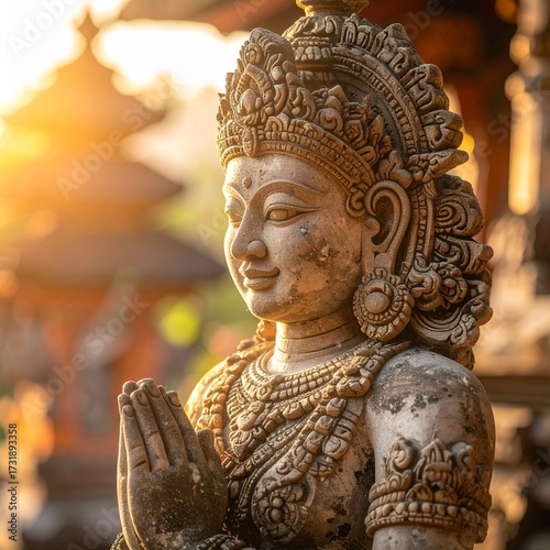Balinese Stone Carving Of Hindu Deity With Detailed Artisan Craftsmanship In Temple Setting