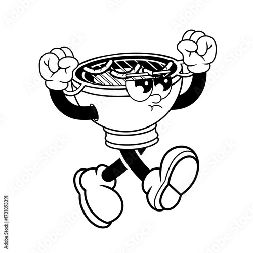 Retro character design of angry barbecue grill outline