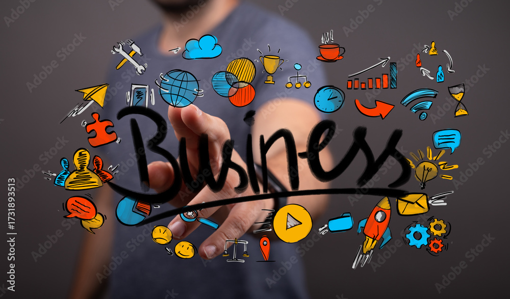 Obraz premium Dynamic image of a hand touching a digital 'Business' word surrounded by vibrant icons representing strategy, growth, global reach, and innovati