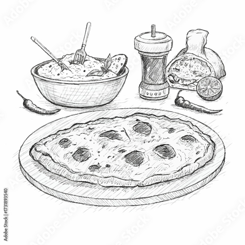 Detailed pencil drawing of a calzone pizza on a wooden board surrounded by spices, chili peppers, and other fresh ingredients, ready to eat.
