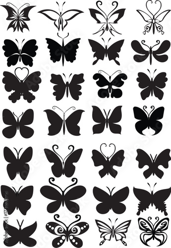 A set of black vector butterfly silhouettes flying over a floral seamless pattern for tattoo and design illustration