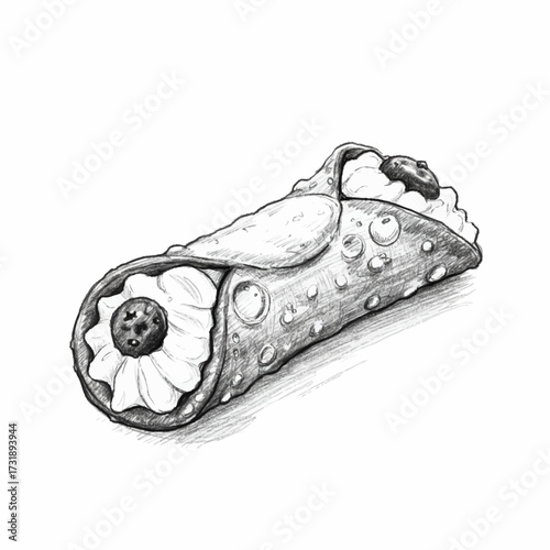 Classic Black and White Sketch of a Single Italian Cannoli with Cherry Topping, Elegant Pastry
