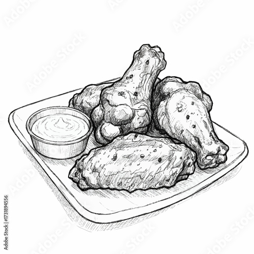 Black and White Sketch of Juicy Chicken Pieces (Drumsticks and Wings) with Dip on a Plate, Meal Illustration
