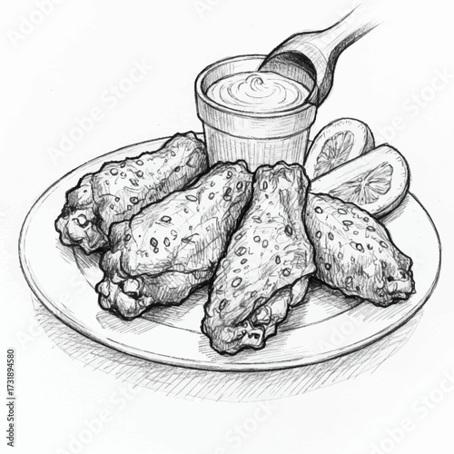 Black and White Sketch of Crispy Chicken Wings on a Plate with Dip and Lemon Slices, Appetizer
