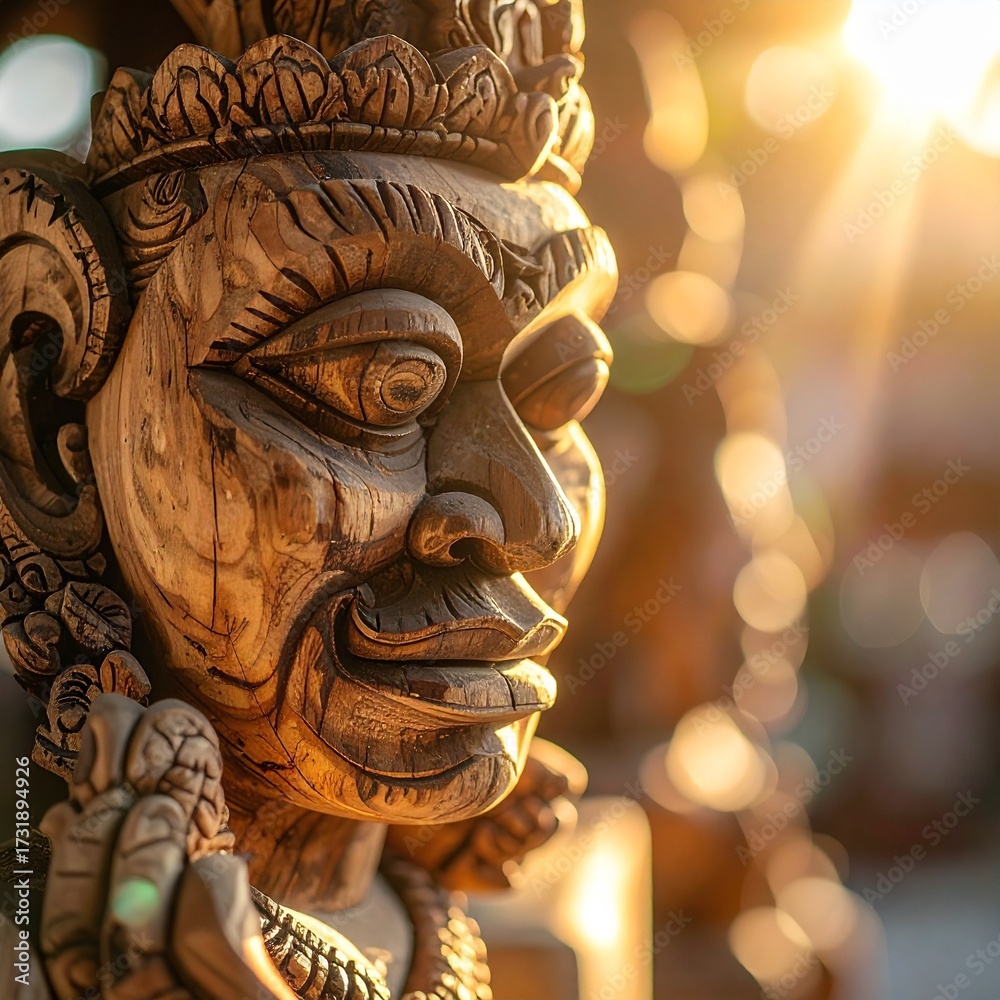 Obraz premium Overhead Close-Up Of Balinese Hand-Carved Wooden Sculpture With Intricate Details And Natural Light