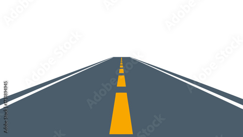 Vector illustration of a straight, empty asphalt road stretching into the horizon with orange markings, perspective view on a transparent background.