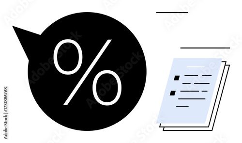 Percentage sign inside a black circle alongside stacked documents with text lines and bullet points. Ideal for finance, statistics, analysis, reporting, business, accounting, calculation. A simple