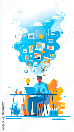 Remote Work and Digital Creativity Concept – Man Working on Laptop with Ideas and Content Flow Illustration