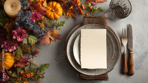 Elegant autumnal menu mockup with pumpkins, flowers and rustic table setting for Thanksgiving or Halloween
