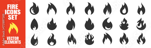 Fire flames icon set. Burning hot vector silhouettes on transparent background