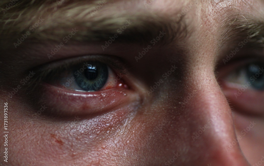 Fototapeta premium close-up of tear-stained eyes, tears streaming down the face of an attractive young man in his late twenties as he experiences deep emotional pain .