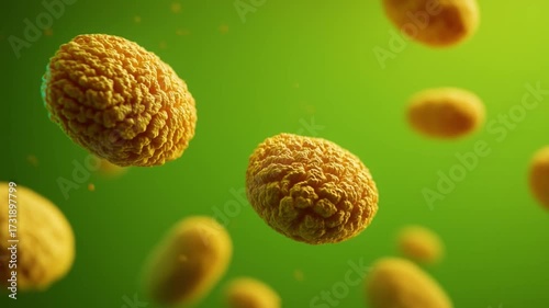Microscopic pollen grains with intricate textures, floating against a bright isolated green screen background.  A green screen against an isolated green background. Video footage