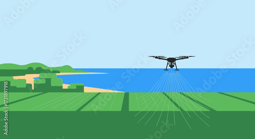 Drone flying over water near land.