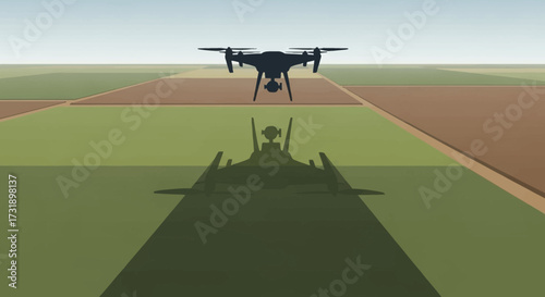 Drone hovering over agricultural field casting a shadow.