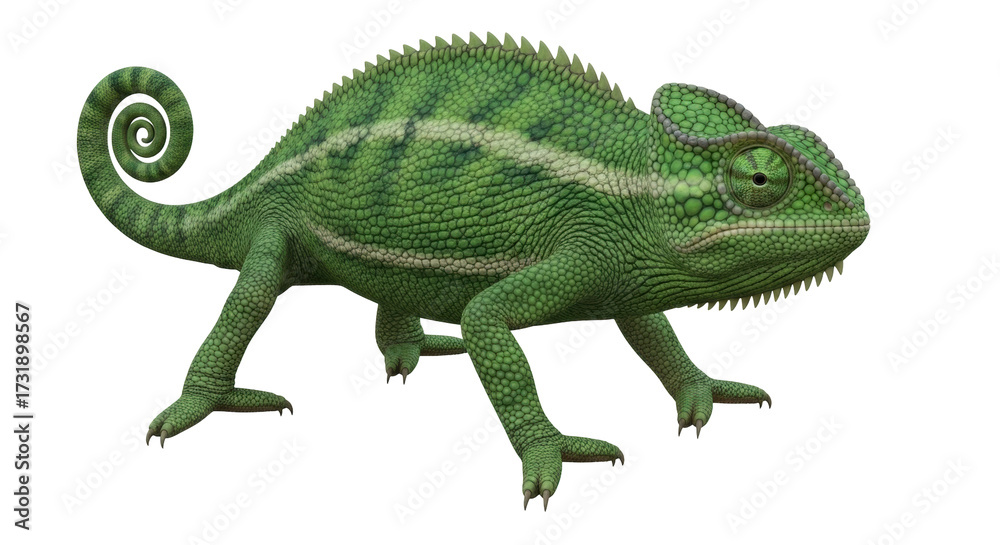 Fototapeta premium Isolated Green Chameleon, Tropical Reptile, Bright, Detailed Skin, and Curled Tail on Plainness