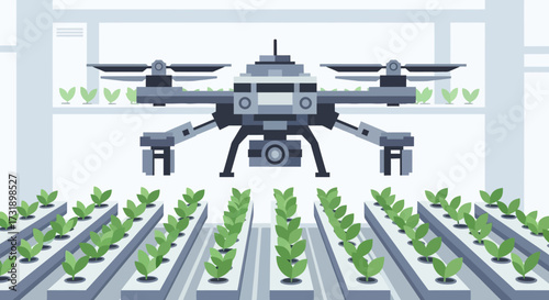 Drone monitoring crops in a modern greenhouse for precision agriculture.
