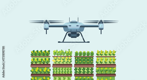 Drone monitoring vertical farm for precision agriculture innovation.