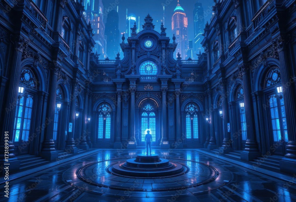 Obraz premium Baroque Architecture in a Neon Lit Cyberpunk City, Sapphire and Chrome