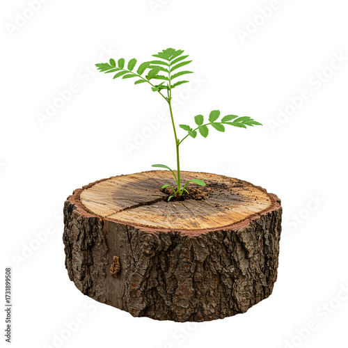 (AI) New life emerging from old wood a 3D symbol of renewal and rebirth on transparent background