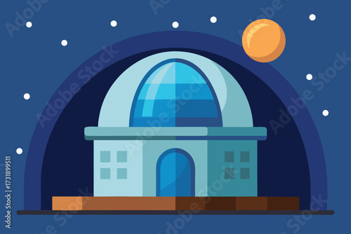 A building with a dome is depicted against a backdrop of a bright moon illuminating the night.
