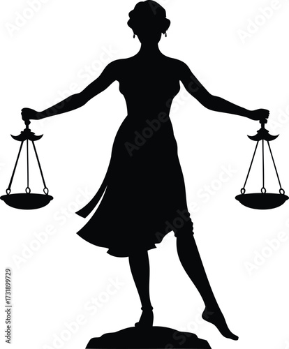 Lady Justice in silhouette holding scales representing law and jurisprudence concepts, a woman balancing silhouette vector illustration
