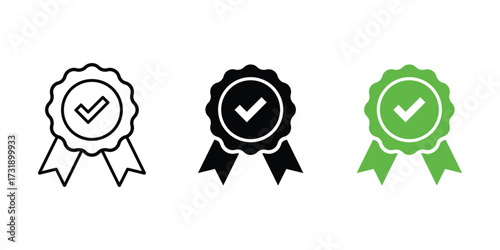 Approved check vector icon. Approved or Certified medal icon set. Certified badge, label, logo, icon set. Profile Verification. Quality mark. Check mark icons. Approval sign.