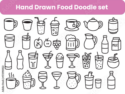 Editable Drinks Food Doodle Icon Set – Hand Drawn, Vector & Sketch Style