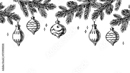 Christmas banner with hand drawn holiday ornaments. Festive mood, elegant vintage design. Vector sketch illustration.
