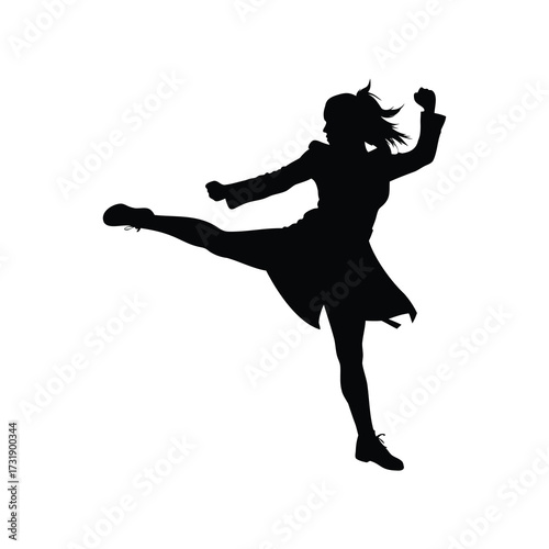 Silhouette of a Woman Performing a Martial Arts Kick, expressing power, a woman kicking silhouette vector illustration