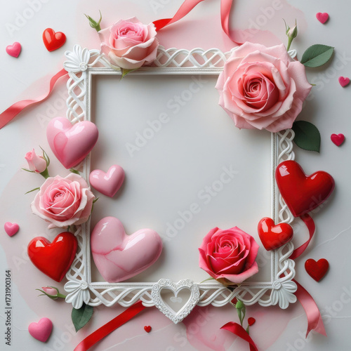 Romantic Valentine's Day Frame with Roses, Pink Hearts, Love Gift, Copy Space