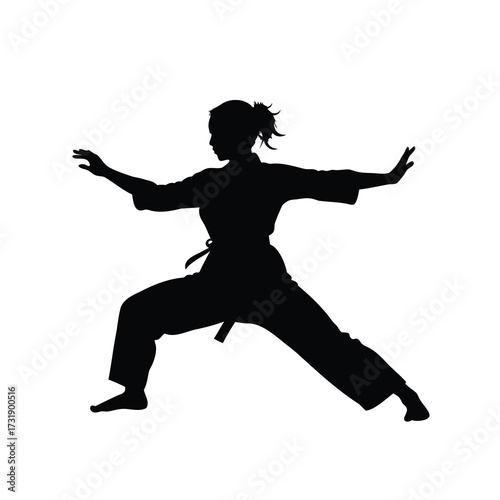 Silhouette of a Woman Practicing Martial Arts Stance, Focused on Balance, a woman martial arts pose silhouette vector illustration