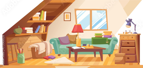 A cozy attic room with a couch, table, lamp, and bookshelf, designed for relaxation and reading.