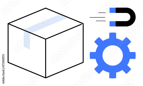 Box, gear, and magnet emphasize shipping, logistics, automation, and magnetic forces. Ideal for delivery, workflow, innovation efficiency logistics technology startup concepts simple flat