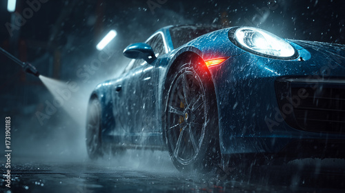 Worker Washing Sports Car with High-Pressure Water – Cinematic Ultra-Realistic Scene with Scattering Water Droplets